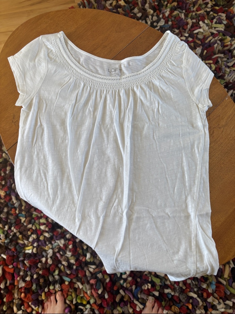LOFT White Short Sleeve Scoop Neck Tee with Smocked Yoke